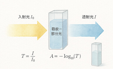 光穿透樣品的基本示意圖。當光穿過樣品時，一部份的光會被樣品吸收、剩下的光則穿透樣品。我們可以用「透光率 T」來描述有多少光穿透樣品，用其對數轉換成的「吸光度 A」來描述有多少光被樣品吸收。當吸收光越強時，代表透射光越少。