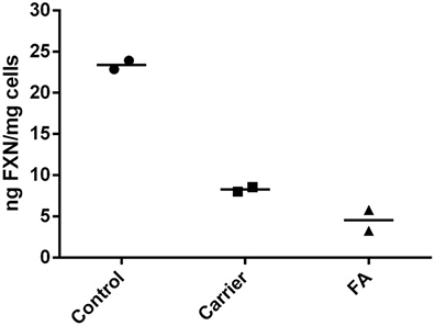 Sandwich ELISA. HRP conjugation kit ab102890 is used by Abcam extensively in ELISA development. It is used for development / manufacturing of Abcam's SimpleStep ELISA® kits, including the Frataxin ELISA kit ab176112 used to produce the image above. Transformed B lymphocyte cells from Friedreich's Ataxia (FA) samples were compared to heterozygous carrier B lymphocyte cells (Carrier) and control B lymphocyte cells (Control). B lymphocyte cell extracts were analyzed across a 7-point titration (0.1-100 μg/mL) and frataxin levels were interpolated from the standard curve. Average interpolated values of Frataxin are plotted.