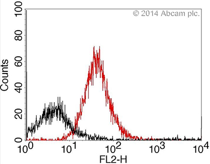 Flow Cytometry. Flow cytometry histogram showing integrin beta-3 positive population of platelets from wildtype and knockout mice. Integrin beta-3 antibody was conjugated using EasyLink R-Phycoerythrin conjugation kit (ab102918). Flow cytometry was performed using platelets from wild type and integrin beta-3 knockout mice. Mice that expressed beta-3 (shown in red) had a clear shift in FL-2 fluorescence over beta-3 knockout mice (shown in black).