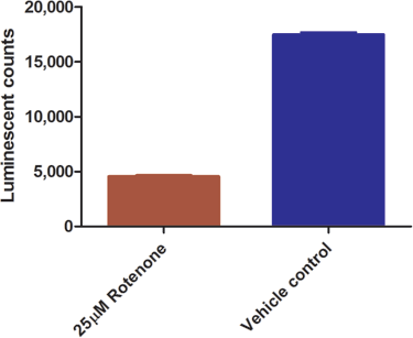 Functional Studies - Luminescent ATP Detection Assay Kit (AB113849) ab113849 ATP detection kit cytotoxicity data. 25000 HepG2 cells were seeded into each well, allowed to adhere and treated for 4 hours with 25µM rotenone and vehicle control (DMSO) in glucose based complete media. After treatment, cells were lysed, exposed to the ATP substrate solution and signal was measured on a luminescent counter. Mean and standard deviation is plotted for 3 replicates from each condition. Rotenone induces cytotoxicity in HepG2 cells.